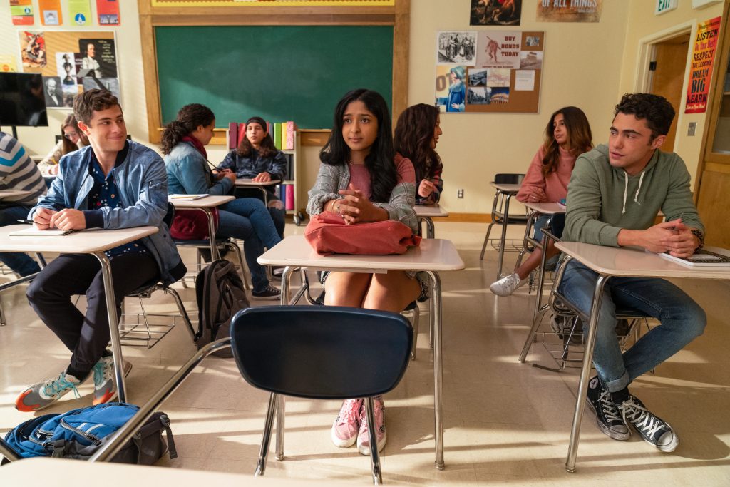 NEVER HAVE I EVER (L to R) JAREN LEWISON as BEN GROSS, MAITREYI RAMAKRISHNAN as DEVI VISHWAKUMAR, AND DARREN BARNET as PAXTON HALL-YOSHIDA in episode 201 of NEVER HAVE I EVER Cr. ISABELLA B. VOSMIKOVA/NETFLIX © 2021